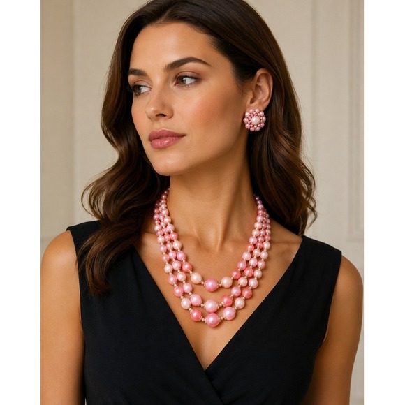 Unbranded Jewelry - Vintage Japanese 3 Strand Pink Moonglow Pearls Necklace Matching‎ Earrings